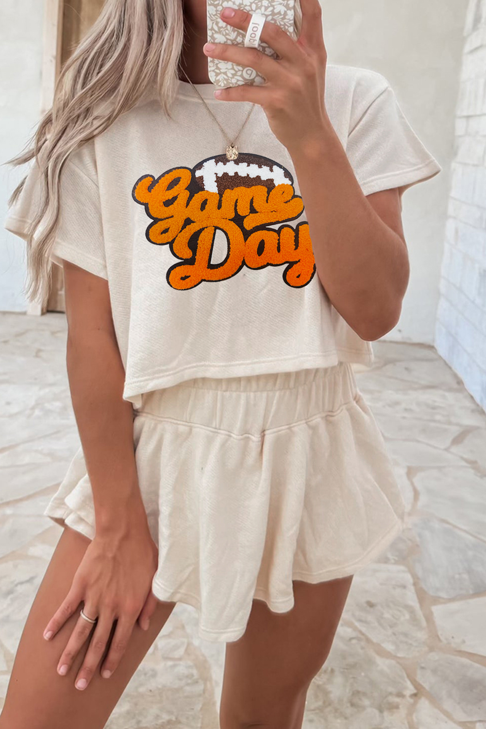Beige Game Day Graphic Tee and Skort 2 Piece Set