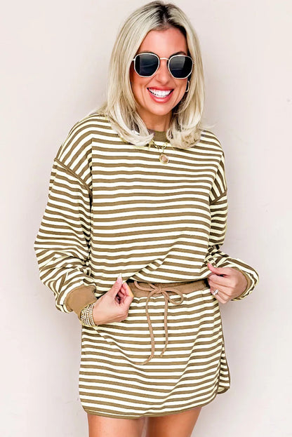 Brown Stripe Textured Drop Shoulder Pullover Top Drawstring Mini Skirt Two Piece Dress Set