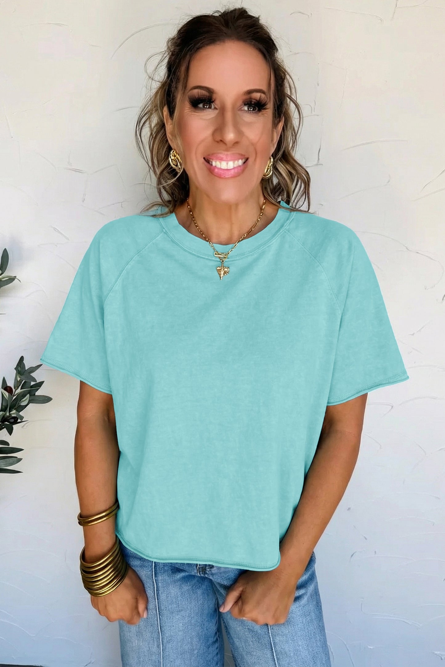 Mint Green Mineral Wash Raglan Sleeve Boxy Fit Cropped Tee