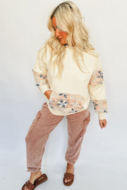 Beige Western Geo Pattern Patchwork Hoodie with Kangaroo Pocket