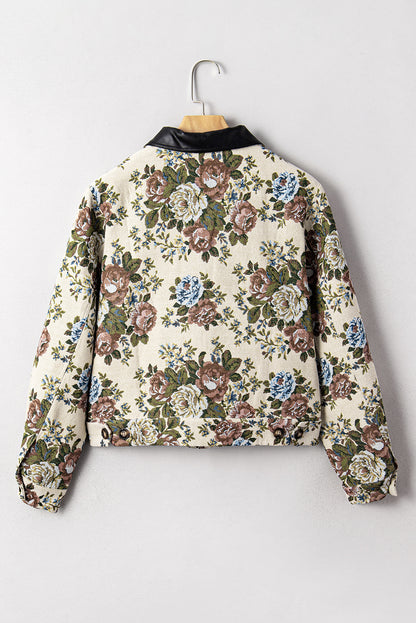 Khaki Floral Print Zip Up Contrast Collared Jacket