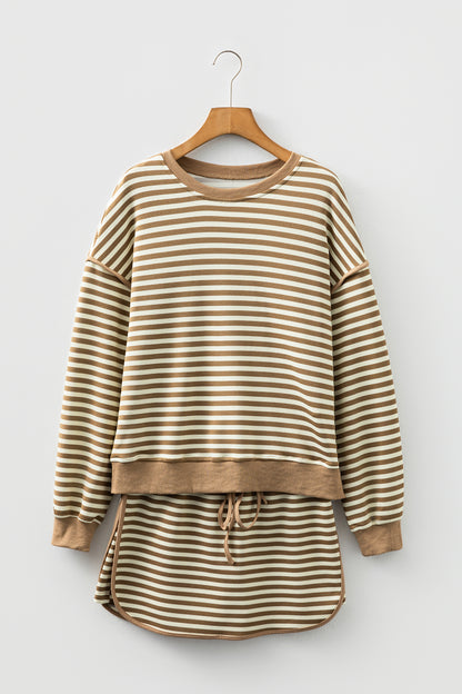 Brown Stripe Textured Drop Shoulder Pullover Top Drawstring Mini Skirt Two Piece Dress Set