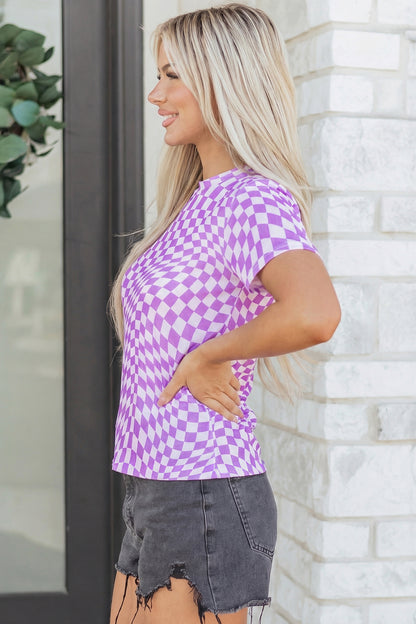 Purple Checkered Print Mock Neck Mesh T Shirt