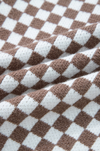 Dark Brown Half Button Ribbed Trim Checkerboard Knit Sweater