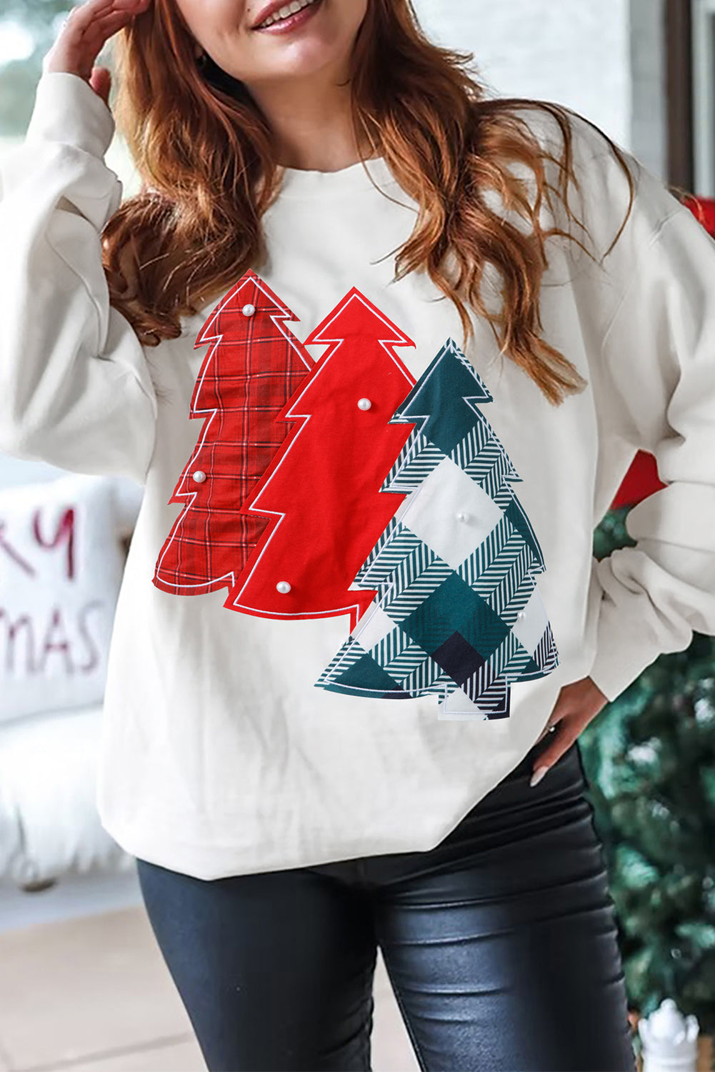 White Pearl Plaid Christmas Tree Patched Drop Shoulder Sweatshirt