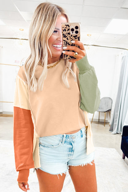 Beige Color Block Patchwork Split Hem Casual Sweatshirt