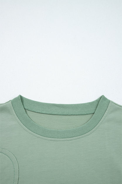 Smoke Green Raw Edge Flower Patch Drop Shoulder Casual Top