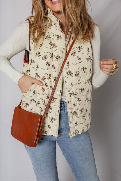 Apricot Floral Print Zip Up Quilted Vest