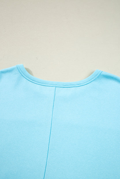 Aruba Blue Plus Size Solid Color Splicing Raw Hem Pullover Top Shorts Set