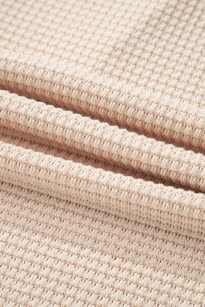 Oatmeal Waffle Patchwork Drop Shoulder Hooded Long Sleeve Top