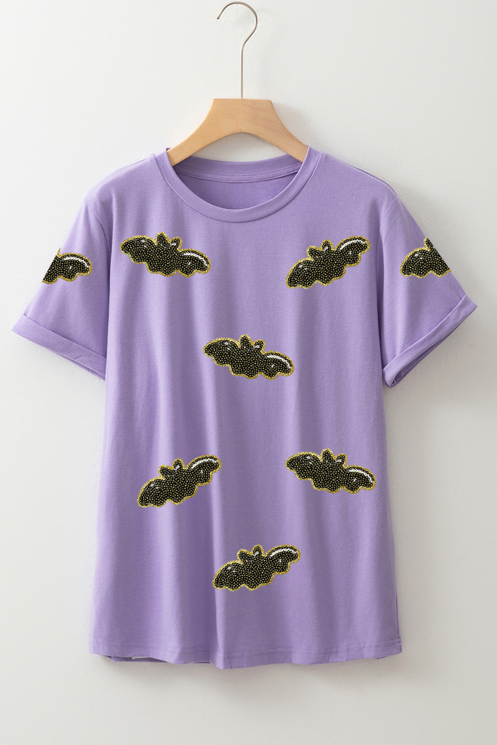 Wisteria Sequin Halloween Bat Patched Casual T Shirt