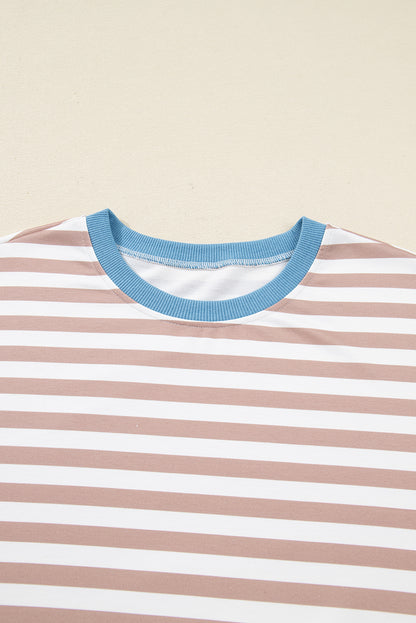 Khaki Stripe Contrast Edge Drop Shoulder Pullover and Shorts Plus Size Set