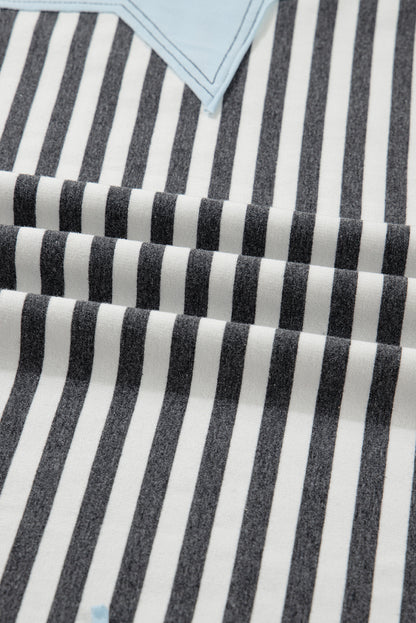 Gray Stripe Contrast Star Stitched Plus Size Long Sleeve Top