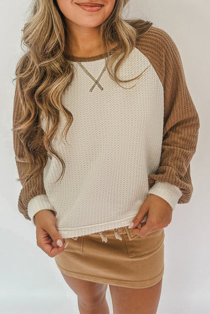 Camel Waffle Color Block Raglan Sleeve Top