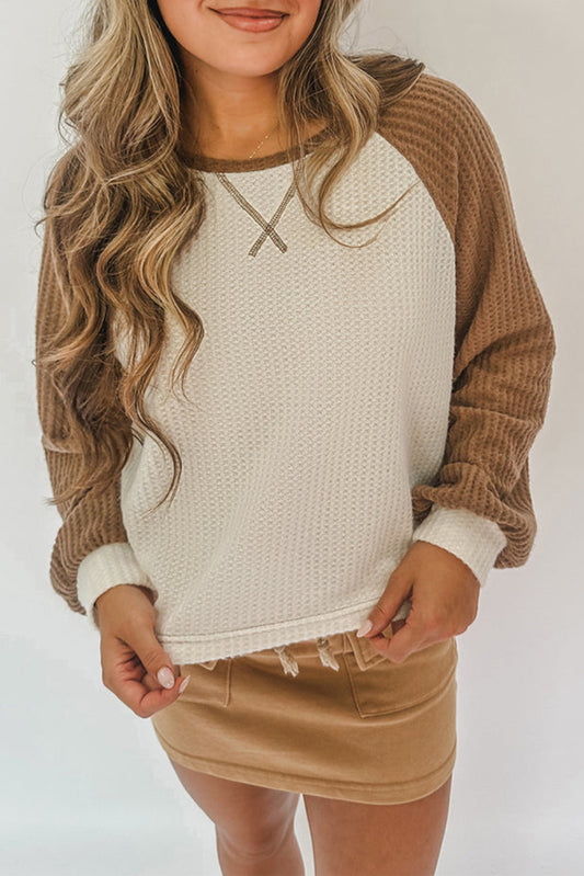 Camel Waffle Color Block Raglan Sleeve Top