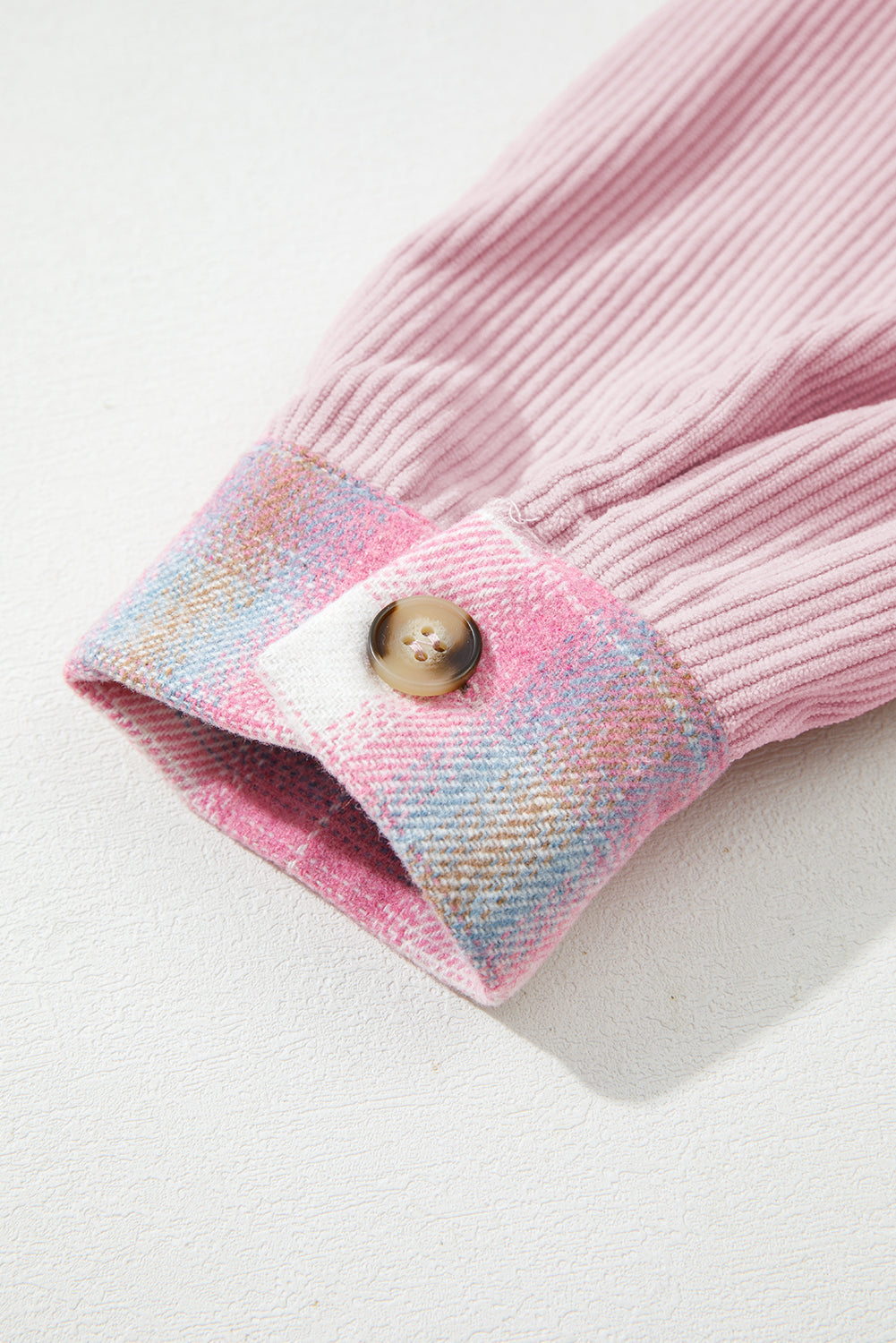 Pink Brushed Plaid Corduroy Flap Pockets Patchwork Shacket
