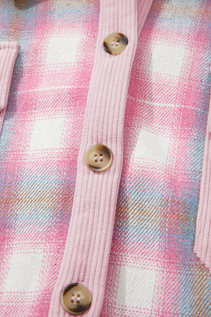 Pink Brushed Plaid Corduroy Flap Pockets Patchwork Shacket