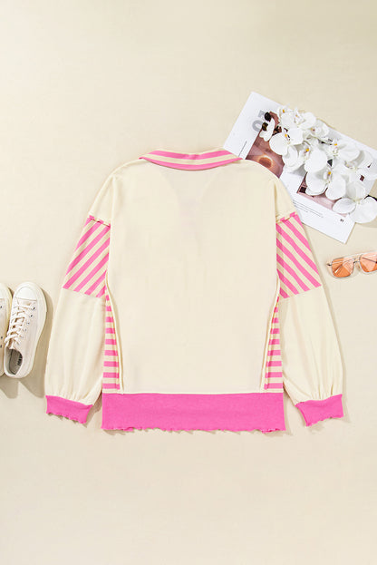 Pink Stripe Contrast Polo Collar Drop Shoulder Patchwork Plus Size Pullover