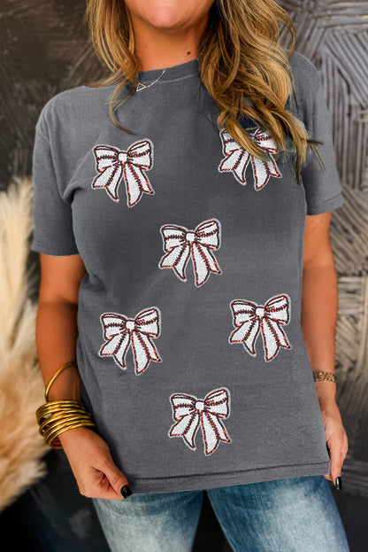 Gray Sequin Bow Baseball Tee