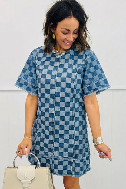 Sky Blue Frayed Hem Checkered Denim Mini Dress