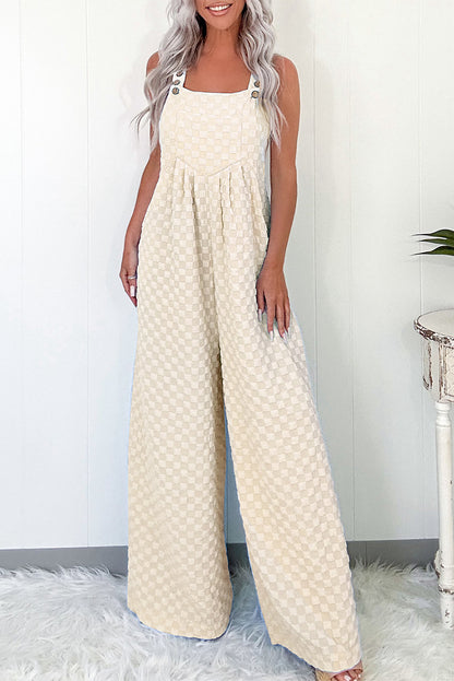 Beige Checkered Pocketed High Waist Wide Leg Overall
