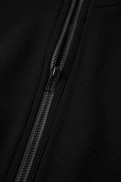 Black French Terry Zipped Collar Sleeveless Drawstring Waist Mini Dress