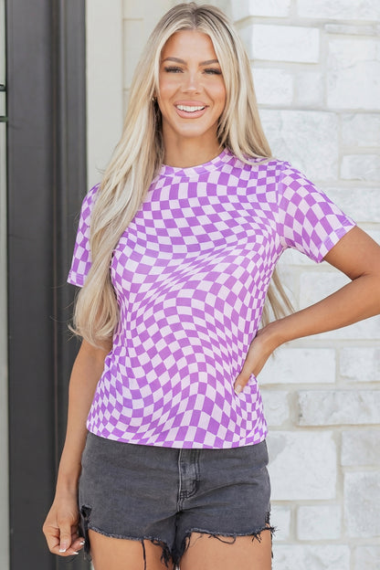 Purple Checkered Print Mock Neck Mesh T Shirt
