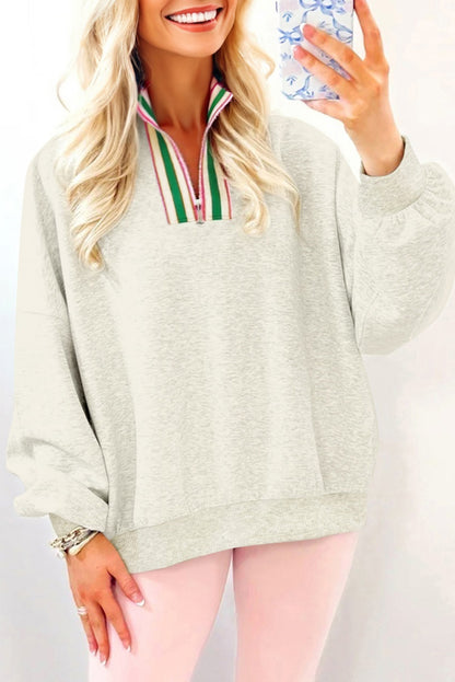 Light Grey Contrast Striped Patchwork Zip Collar Pullover Sweatshirt