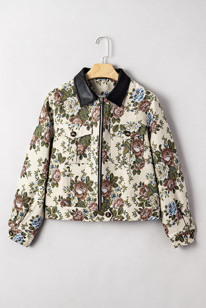Khaki Floral Print Zip Up Contrast Collared Jacket