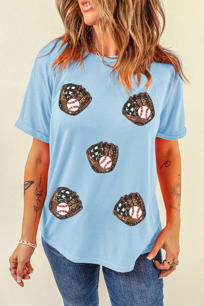 Light Blue Baseball Sequin Patch T Shirt