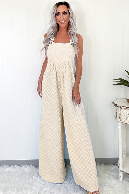 Beige Checkered Pocketed High Waist Wide Leg Overall