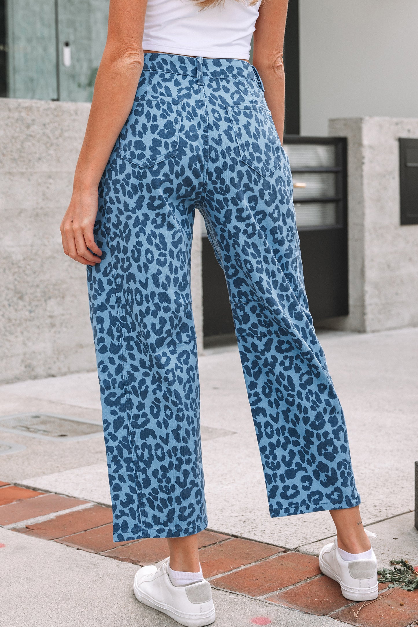 Sky Blue Leopard Print Straight Loose Jeans