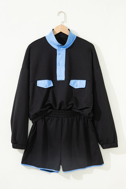 Black Color Block Patchwork Half Button Pullover and Shorts 2pcs Outfit