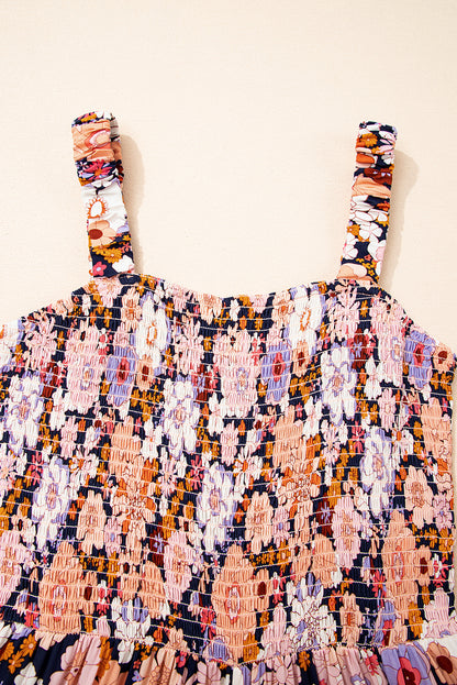 Black Floral Print Smocked High Waist Square Neck Jumpsuit