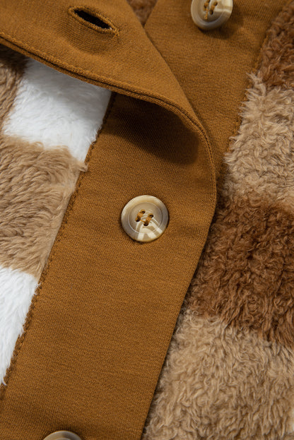Brown Checkered Sherpa Loose Knit Cardigan with Pockets
