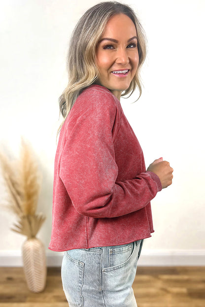 Racing Red Mineral Wash Raglan Sleeve Raw Hem Crop Sweatshirt
