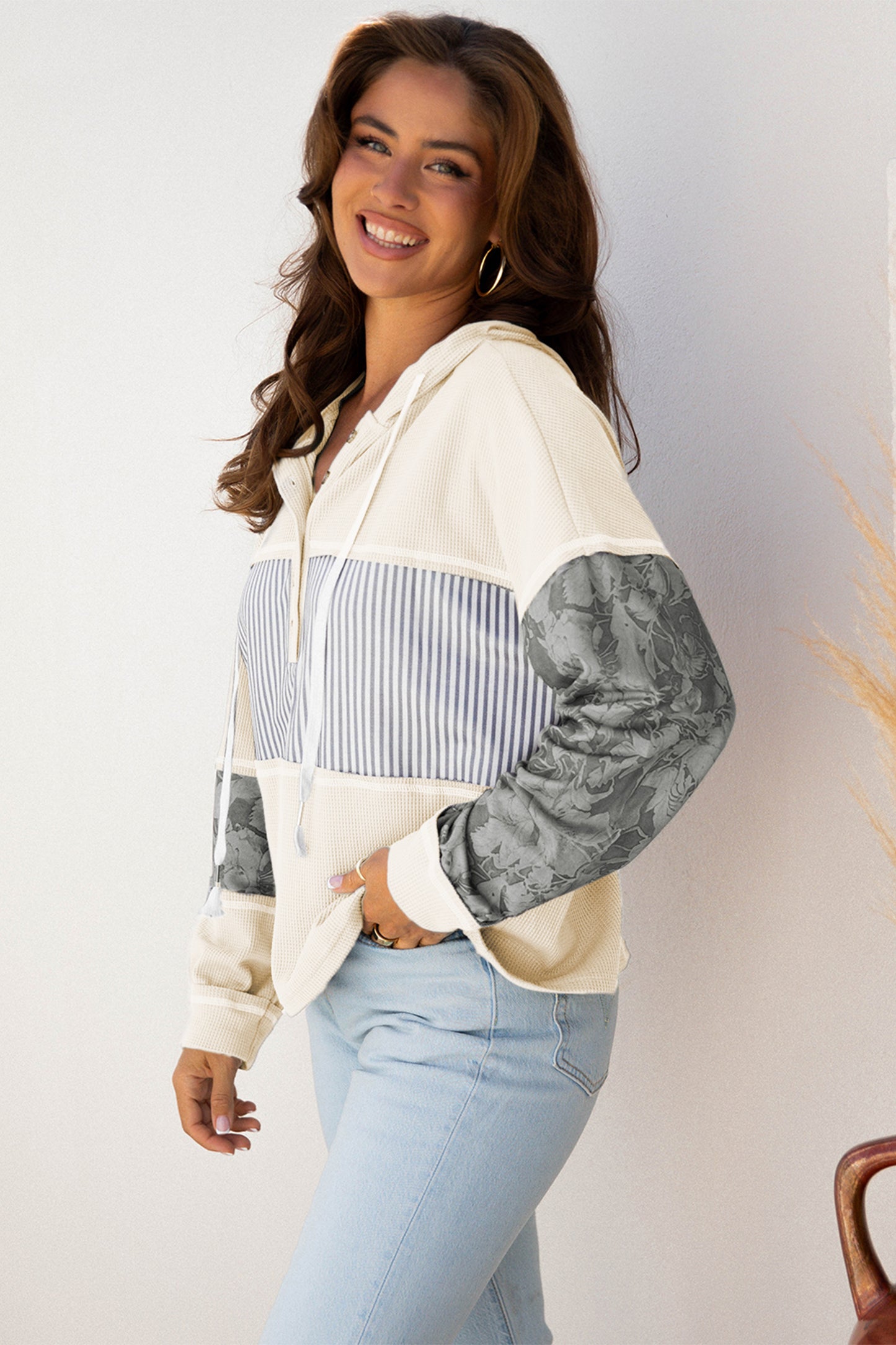 White Waffle Printed Patchwork Drawstring Hooded Long Sleeve Top