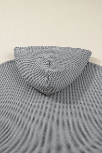 Gray Mixed Pattern Waffle Knit Patchwork Half Buttons Plus Hooded Top