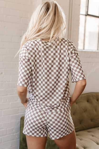 Brown Checkered Top and Short Casual two piece Set