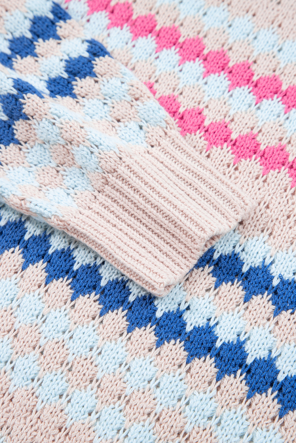 Khaki Stripe Eyelet Patterned Drop Shoulder Sweater