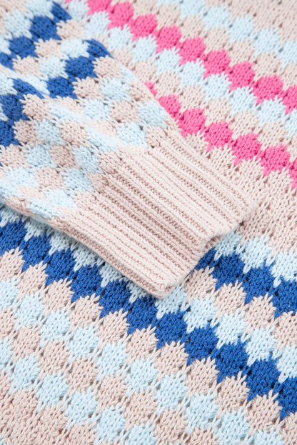 Khaki Stripe Eyelet Patterned Drop Shoulder Sweater