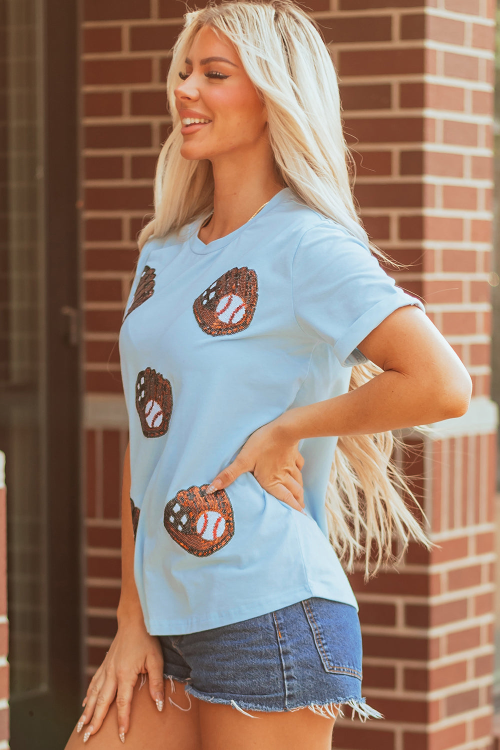 Light Blue Baseball Sequin Patch T Shirt