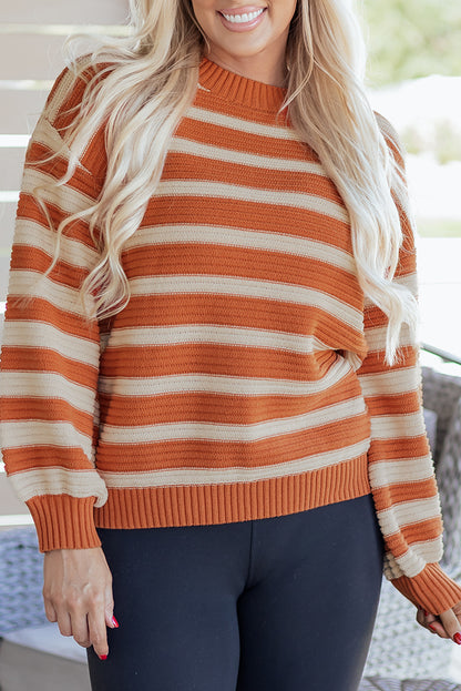Orange Stripe Ribbed Trim Drop Shoulder Sweater