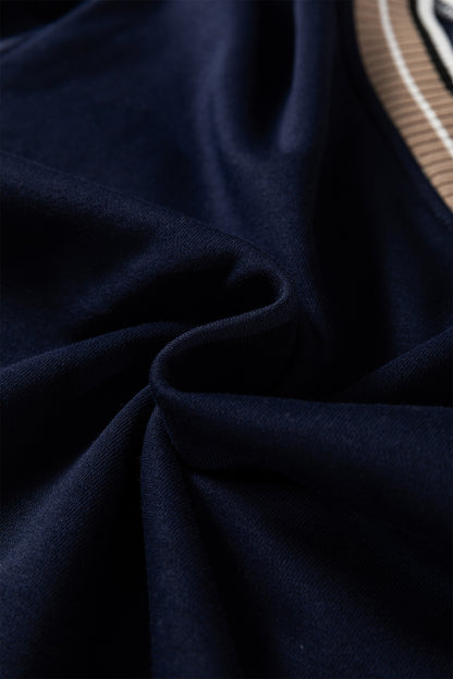 Navy Blue Varsity Contrast Striped Trim V Neck Sweatshirt