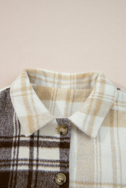 Multicolour Plaid Patchwork Side Pockets Buttoned Shacket