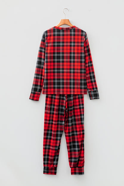 Red Festive Plaid Print Round Neck Long Sleeve and Pants 2 Piece Lounge Set
