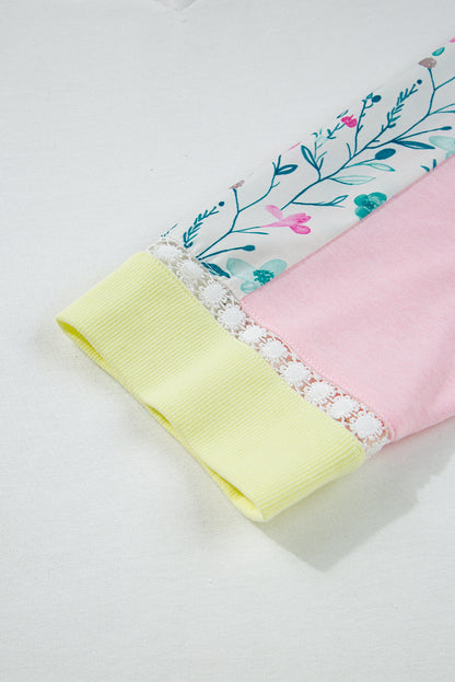 White Floral Colorblock Patchwork Chest Pocket Notched Neck Long Sleeve Top