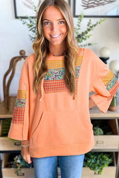 Grapefruit Orange Plaid Floral Patchwork Kangaroo Pocket Hooded Long Sleeve Top