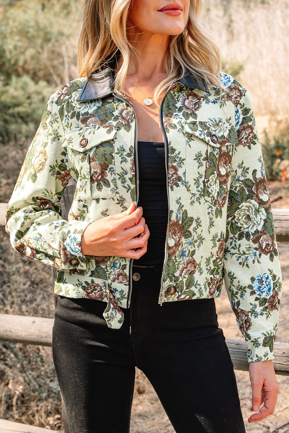 Khaki Floral Print Zip Up Contrast Collared Jacket