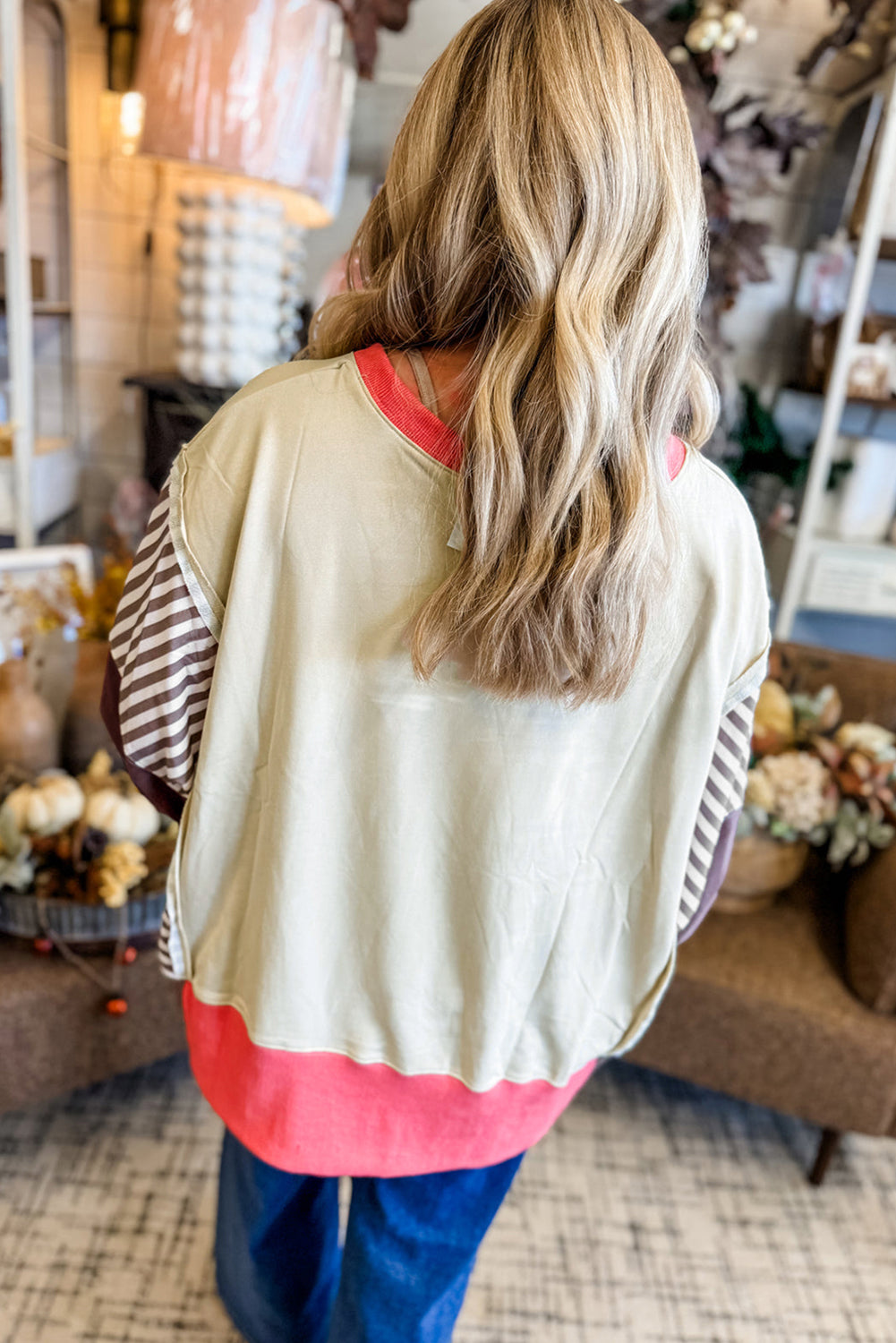 White Color Block Striped Patchwork Dolman Slit Sweatshirt